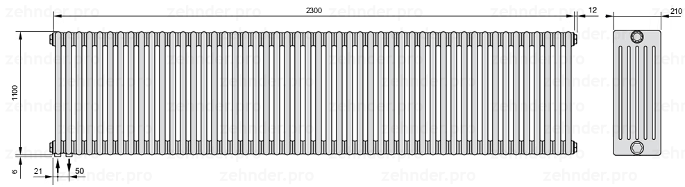 Схема (чертеж) Радиатор Zehnder Charleston 6110/50 №3370 Белый глянцевый RAL 9016